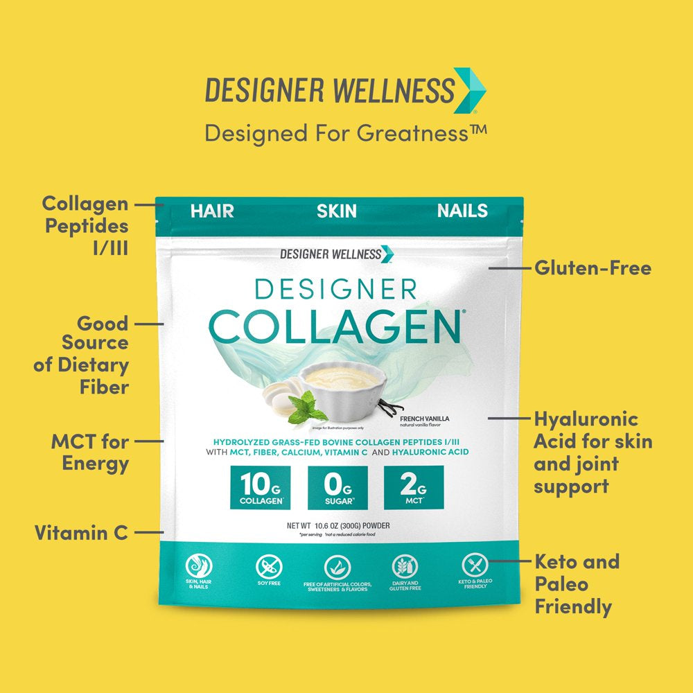 Designer Wellness, Designer Collagen, Hydrolyzed Grass-Fed Bovine Collagen Peptides I/III with MCT Oil, Vitamin C and Hyaluronic Acid, French Vanilla, 10.6 OZ