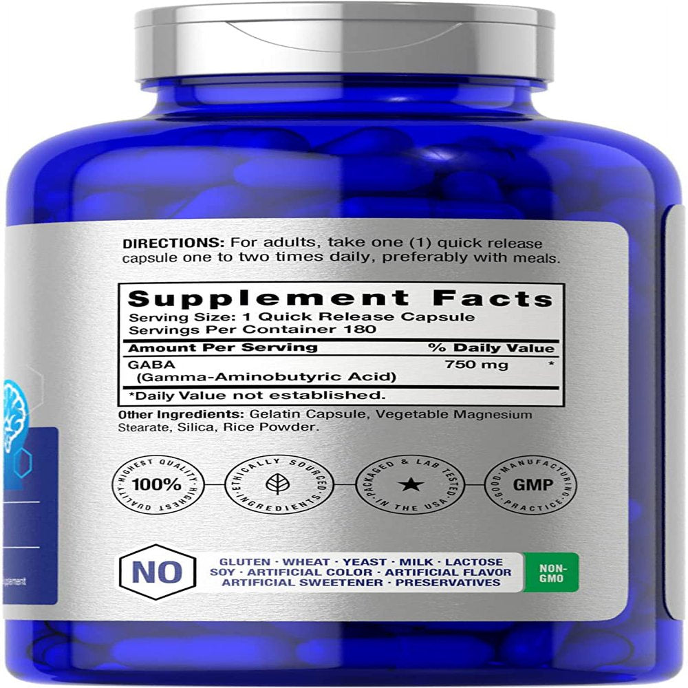GABA 750Mg | 180 Capsules | Gamma Aminobutyric Acid Supplement | by Horbaach