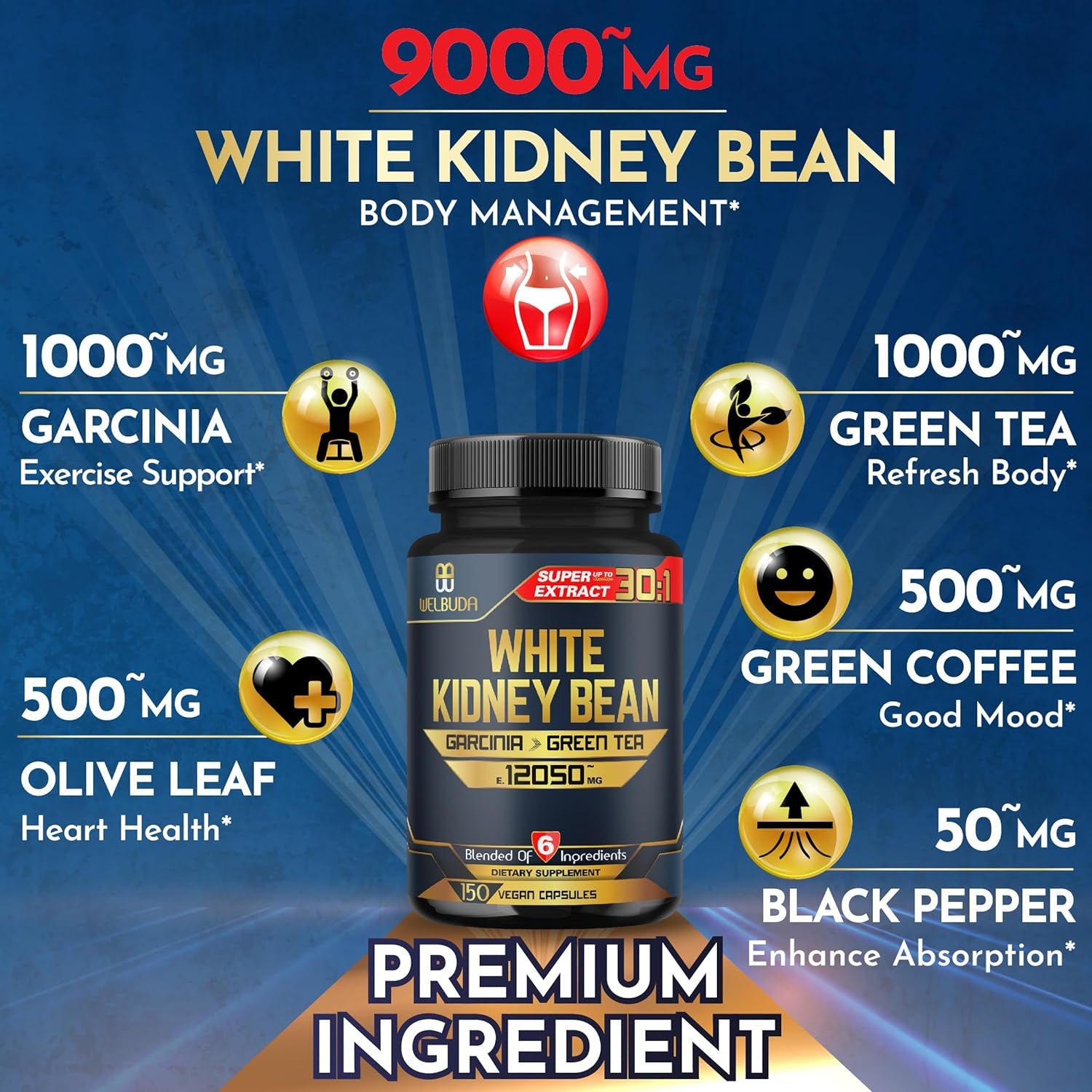 WELBUDA White Kidney Bean Extract Capsules - Combined Garcinia, Green Tea, Olive Leaf, Green Coffee & More - 150 Counts - Herbal Supplement for 5 Months