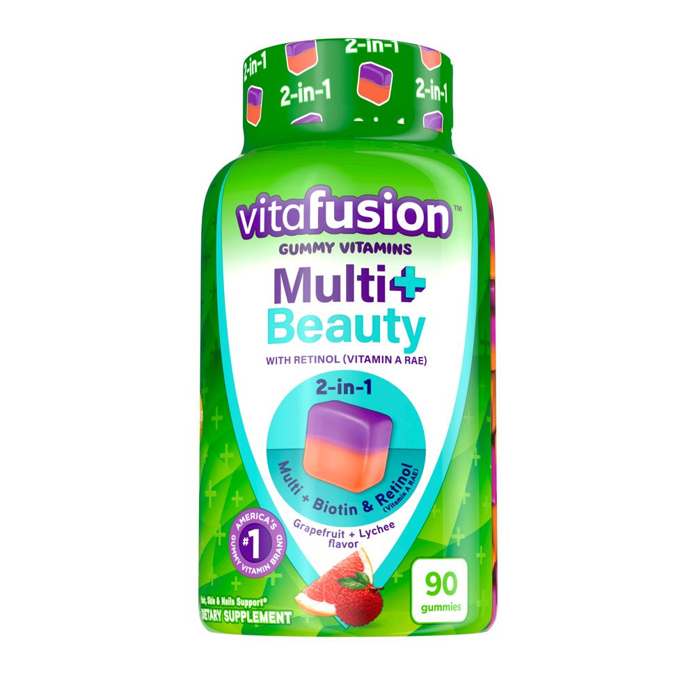 Vitafusion Multi+ Beauty – 2-In-1 Benefits & Flavors – Adult Gummy Vitamins with Hair, Skin & Nails Support* (Biotin & Retinol (Vitamin a RAE)) and Daily Multivitamin, 90 Count
