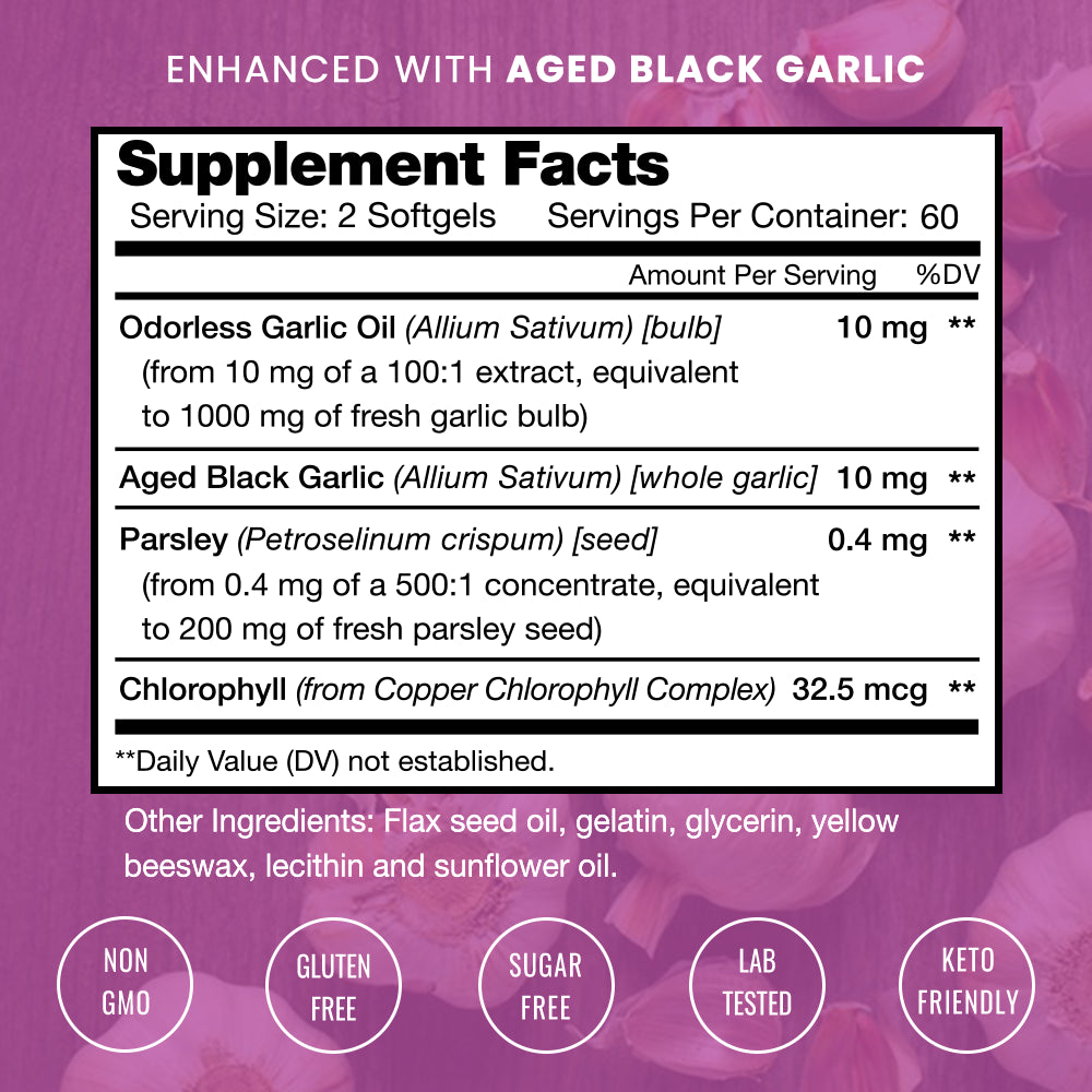 Nutrachamps Odorless Garlic Pills - Extra Strength 1000Mg Dose - Parsley, Chlorophyll & Aged Black Garlic Extract - 120 Softgels