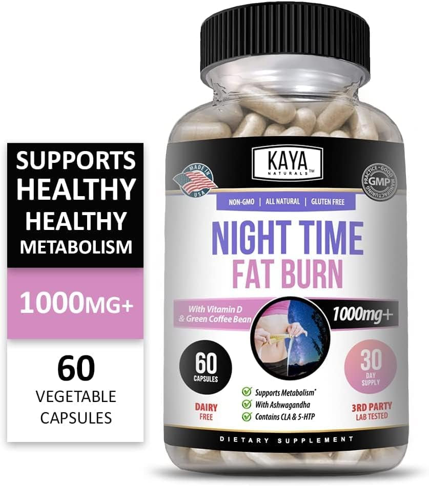 Kaya Naturals Night Time FB | Sleep Support and Metabolism Booster for Women and Men to Reduce Belly Fat | Contains L-Theanine, 5-HTP, and Ashwagandha Root - Stimulant-Free (60 Capsules)