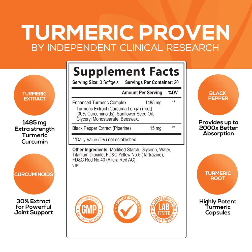 Turmeric Curcumin with Black Pepper Extract 1500Mg, Advanced Absorption Tumeric Extract Liquid Softgels Herbal Supplement, Curcuminoids Antioxidant Joint Support for Women & Men, Non-Gmo - 60 Softgels