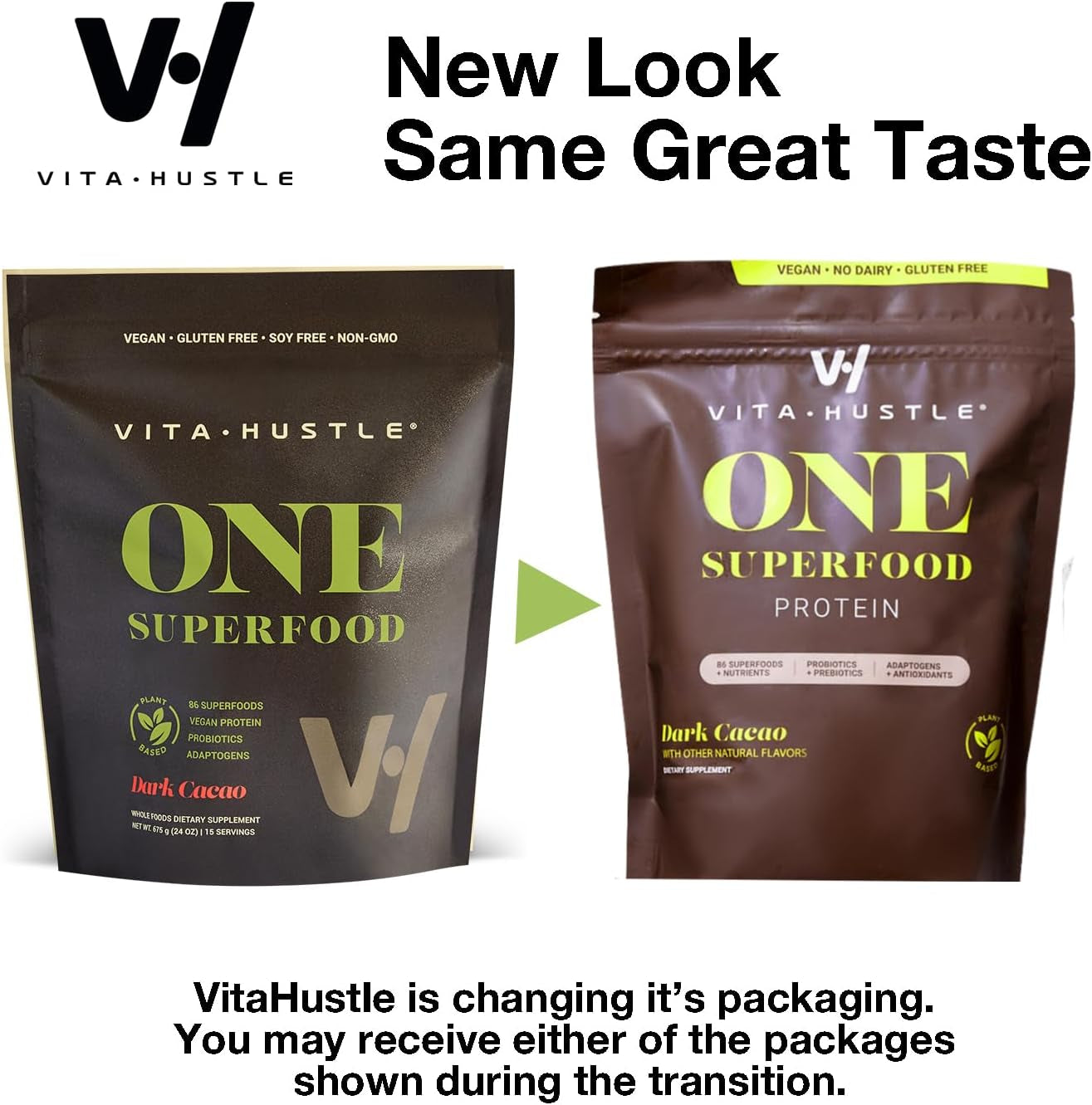 Vitahustle 2 Bags ONE Superfood Protein + Greens Chocolate| 20G Plant Based Protein + Greens with Probiotics, Adaptogens - 2 Pack (Chocolate 15 Servings, 2 Bags)