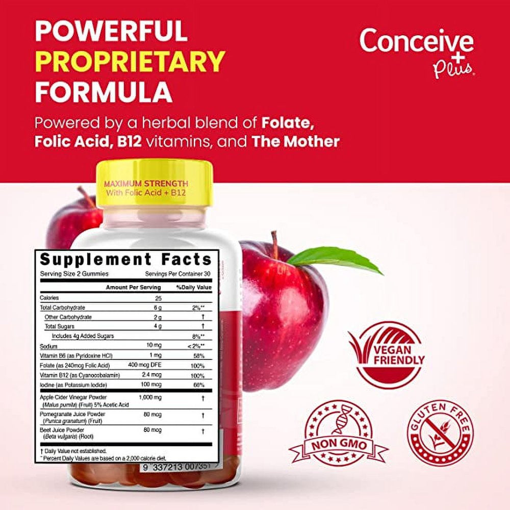 CONCEIVE plus Apple Cider Vinegar Gummies - Potent ACV Gummies with the Mother - Delicious Apple Vinegar Gummy for Immunity, Digestive Health, Energy Boost - Vegan, Non-Gmo, Gluten-Free - 60 Count