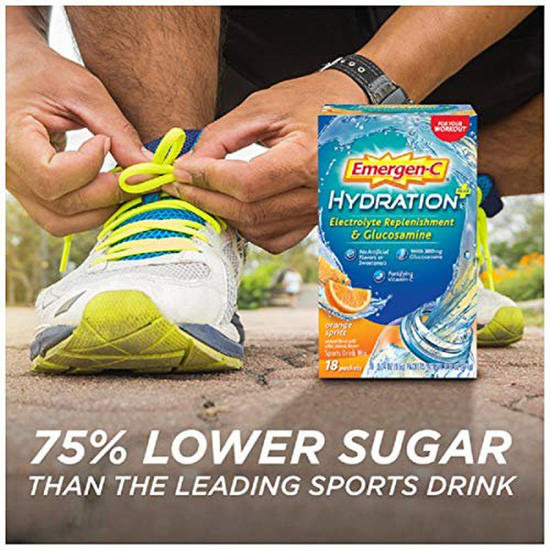 Emergen-C Hydration+ Sports Drink Mix with Vitamin C (18 Count, Orange Spritz Flavor with Glucosamine), Electrolyte Replenishment, 0.34 Ounce Powder Packets