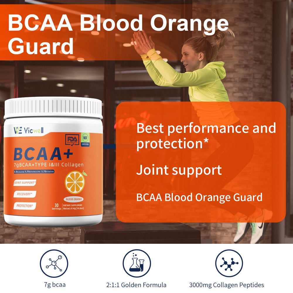 Sports BCAA Powder for Endurance & Muscle Recovery + Collagen & Vitamin C for Joint Health, 14.6 Oz 7G 30 Servings, Orange, Vicwell