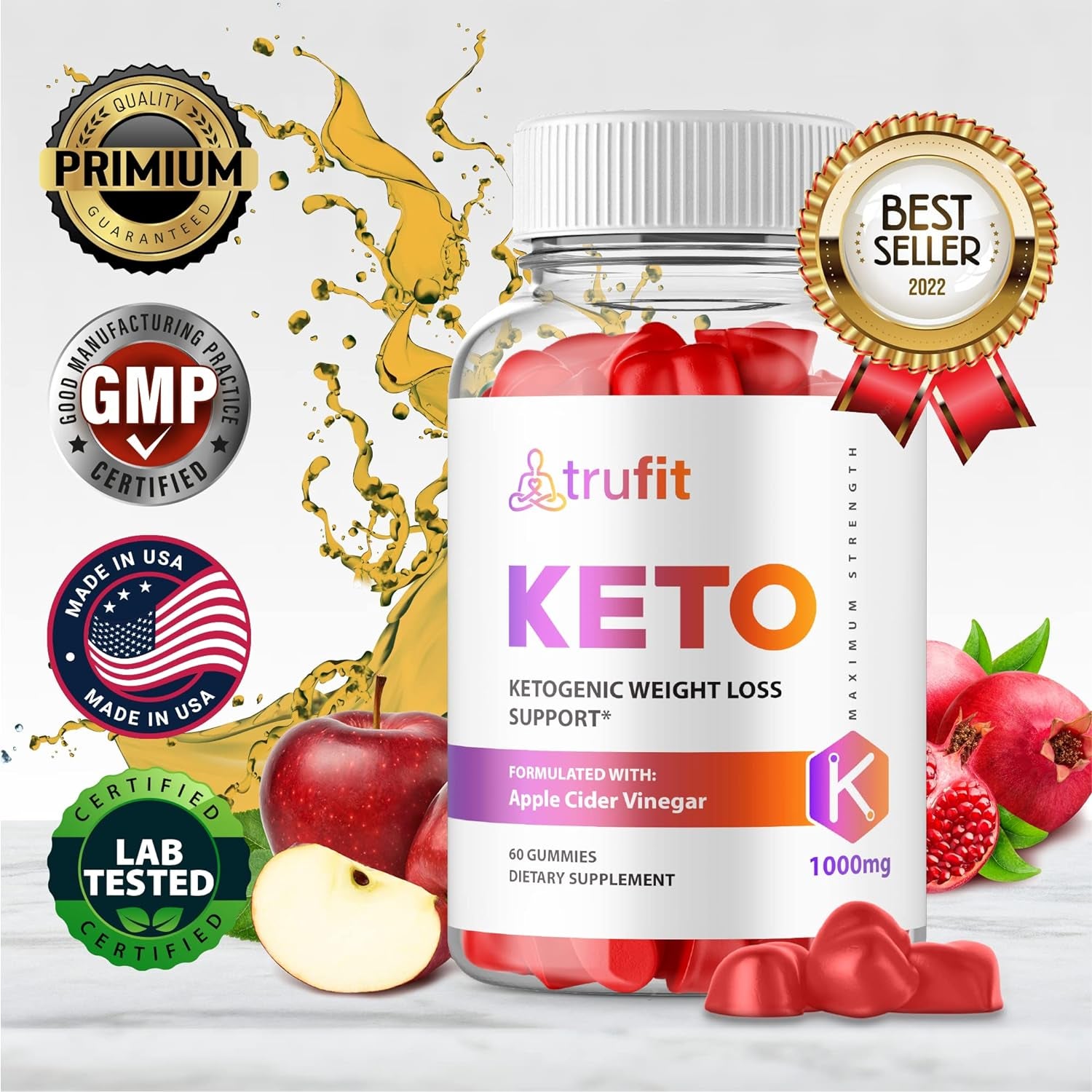 (5 Pack) Trufit Keto Gummies - Official Formula, Vegan, Non GMO - Tru Fit Keto Trufit Keto ACV Gummies with Apple Cider Vinegar, Trufit Keto AVC Pomegranate Juice, Beet Root Juice (300 Gummies)