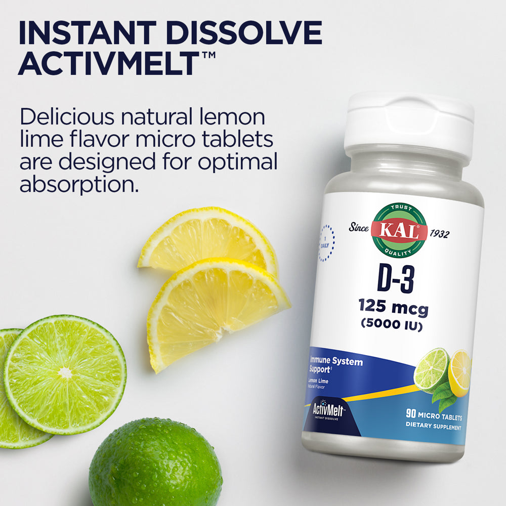 KAL Vitamin D-3 5000 IU | Natural Lemon Lime Activmelt Micro Tablets | Healthy Immune Function & Bone Support | 90 Ct