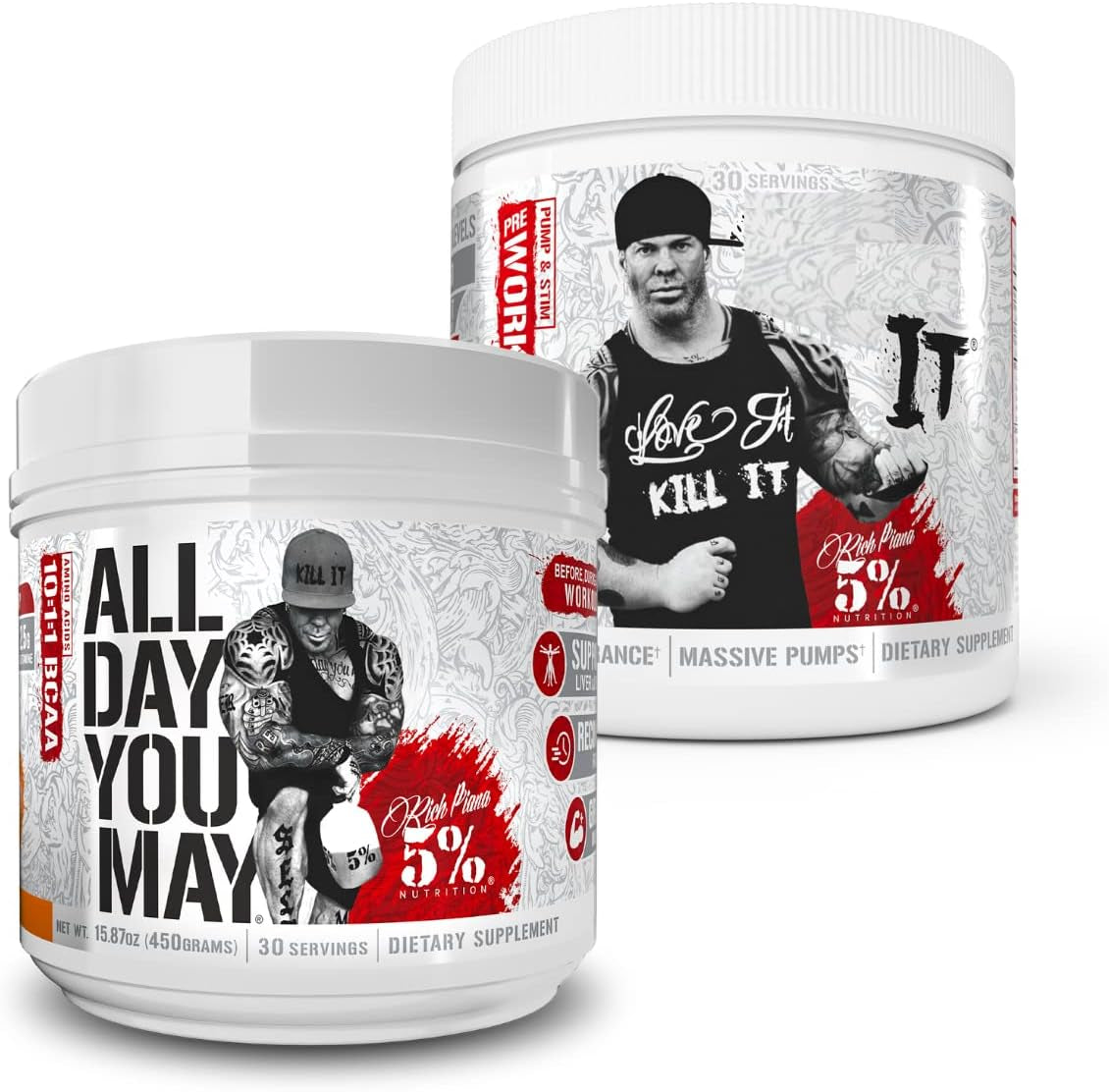 5% Nutrition Rich Piana Bundle | Alldayyoumay Amino Acid BCAA Powder + Kill It Pre-Workout (Push Pop)