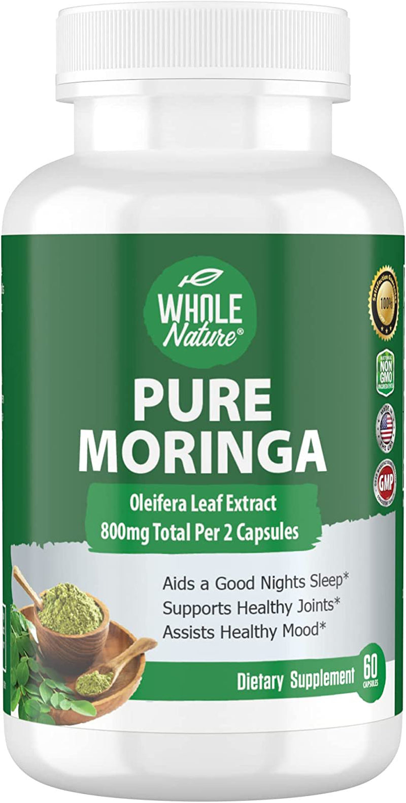 Moringa Capsules, 800Mg Organic Moringa Oleifera Leaves Powder Superfood Greens. Whole Nature'S Pure Moringa Pills Is a Vegan, Non-Gmo Energy Booster and Immune Support Supplement