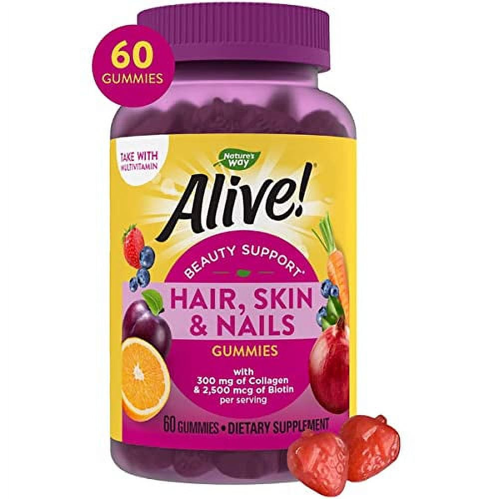 Natureâ€™S Way Alive! Hair, Skin & Nails Gummies, Collagen & Biotin, Antioxidant Vitamins C & E, Strawberry Flavored, 60 Gummies