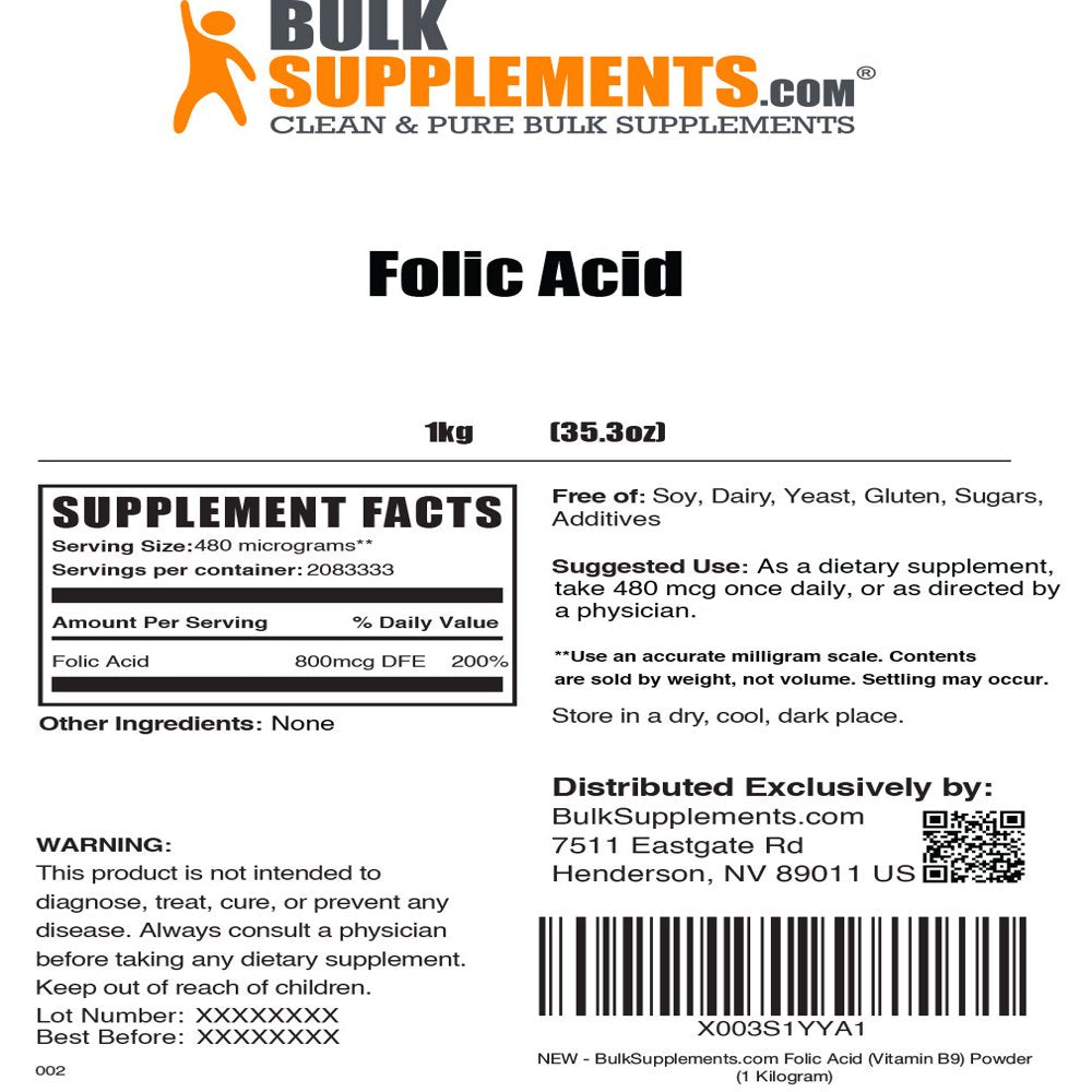 Bulksupplements.Com Folic Acid Powder, 480Mcg - Supplement for Prenatal Support (5Kg)