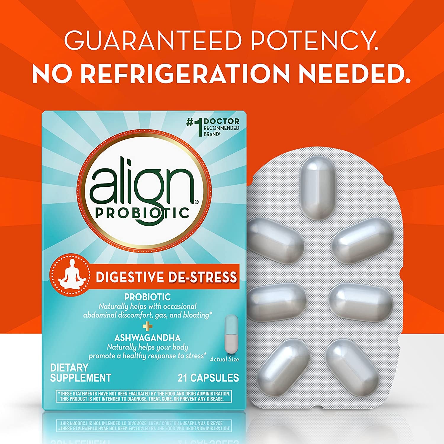 Align Probiotic, Digestive De-Stress, Probiotic for Women and Men with Ashwagandha, Helps with a Healthy Response to Stress, Gluten Free, Soy Free, Vegetarian, 21 Capsules (Pack of 2)