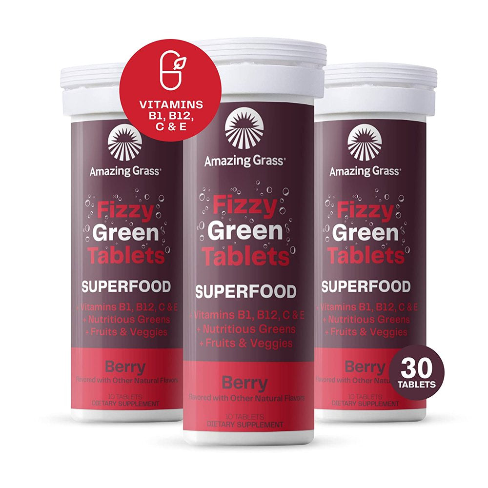 Amazing Grass Fizzy Green Tablets Superfood: Green Superfood Water Flavoring Tablet with Antioxidants & Alkalizing Greens, Berry, 10 Count (Pack of 3) Superfood Berry 10 Count (Pack of 3)