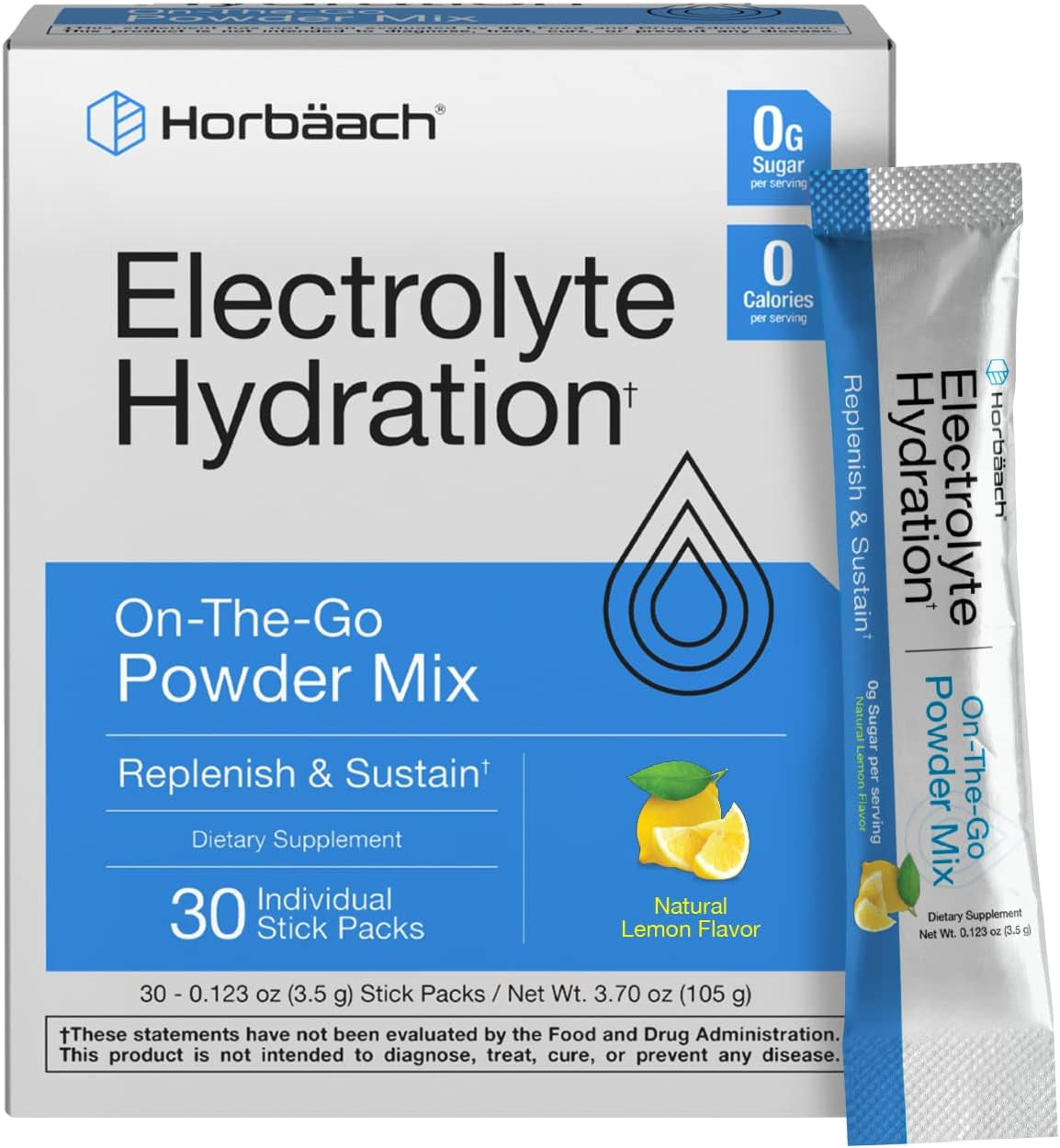 Electrolyte Powder Packets | 30 Sticks | Natural Lemon Flavor | On-The-Go Powder Mix | Vegetarian | Keto-Friendly | Non-Gmo, Gluten Free Supplement | by Horbaach