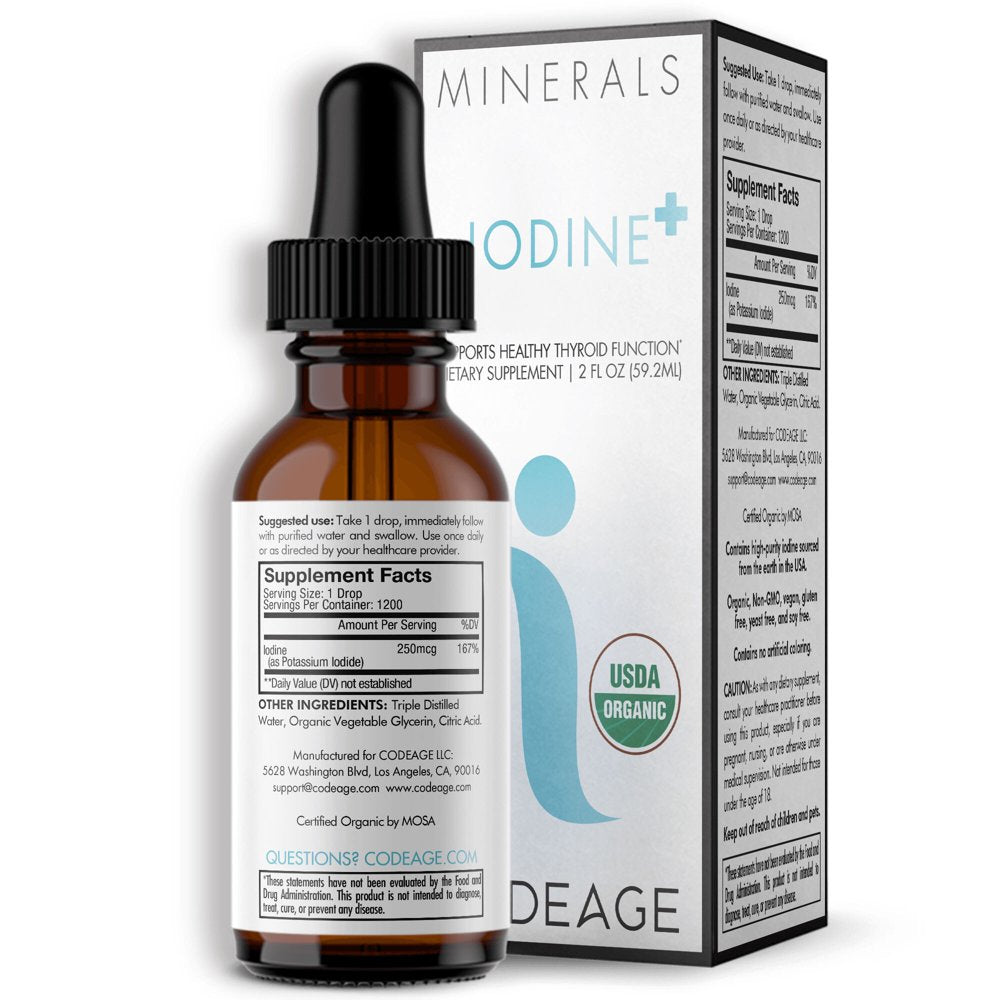 Codeage Iodine + Supplement, USDA Certified Organic, Vegan Liquid Iodine Drops, Mineral Solution, 2 Fl Oz