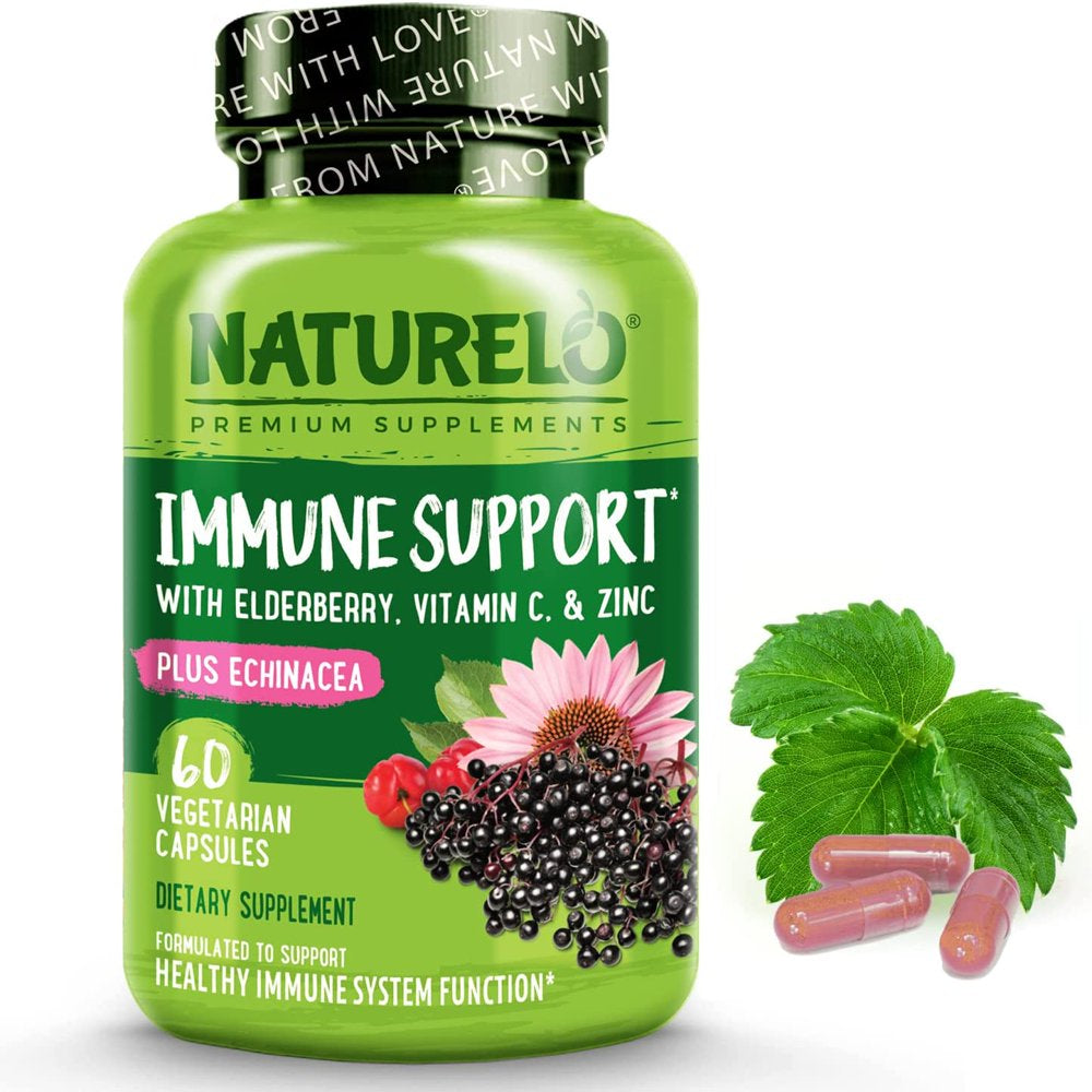 NATURELO Immune Support – Vitamin C, Elderberry, Zinc, Echinacea – Natural Immunity Boost W/ Antioxidant, Herbal & Mineral Defense - 60 Vegan Capsules