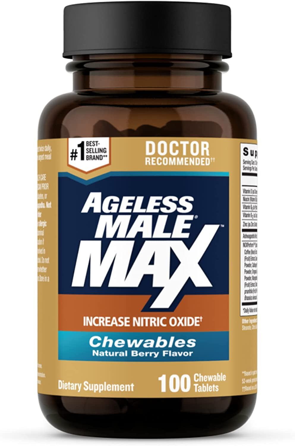 Ageless Male Max Chewable Nitric Oxide Booster Supplement for Men – High Potency Ashwagandha Extract to Boost Workouts, Muscle & Performance, Reduce Stress, Support Sleep (100 Chews, 1-Bottle)