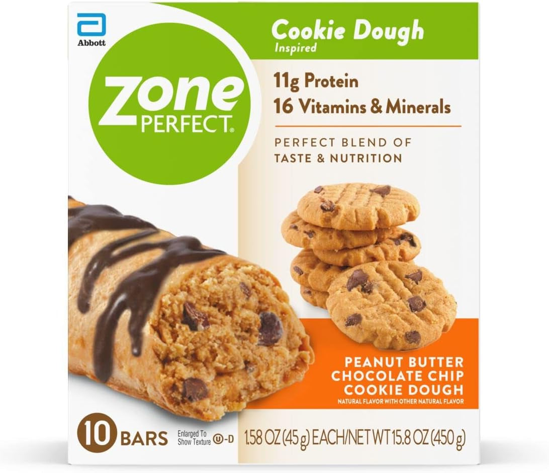 Zoneperfect Protein Bars, 16 Vitamins & Minerals, 11G Protein, Nutritious Snack Bar, Peanut Butter Chocolate Chip Cookie Dough, 10 Count