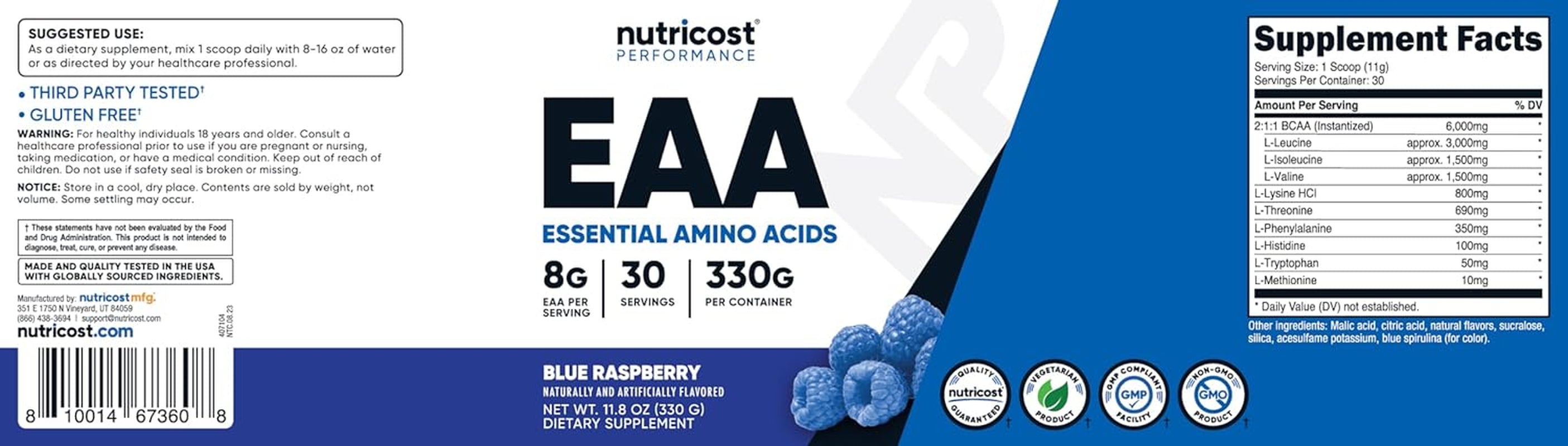 Nutricost EAA Powder 30 Servings (Blue Raspberry) - Essential Amino Acids - Non-Gmo, Gluten Free, Vegetarian Friendly