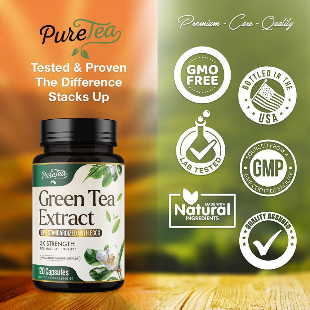 Puretea Green Tea Extract Pills 1000Mg with EGCG - 98% Standardized Polyphenols - 3X Absorption Green Tea Capsules for Natural Energy - Heart Support with Antioxidants, Gentle Caffeine - 120 Capsules