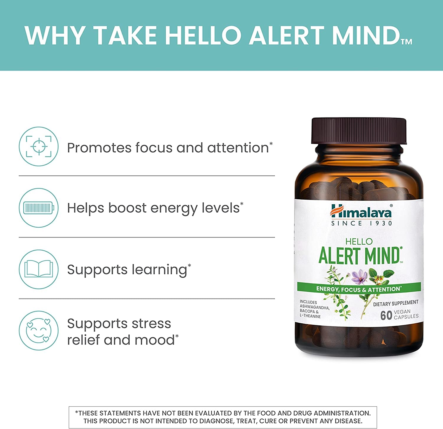 Himalaya Hello Alert Mind with Ashwagandha, Bacopa, L-Theanine, Vitamin B6 & B12, for Energy, Focus & Attention, Vegan, Gluten Free, 60 Capsules