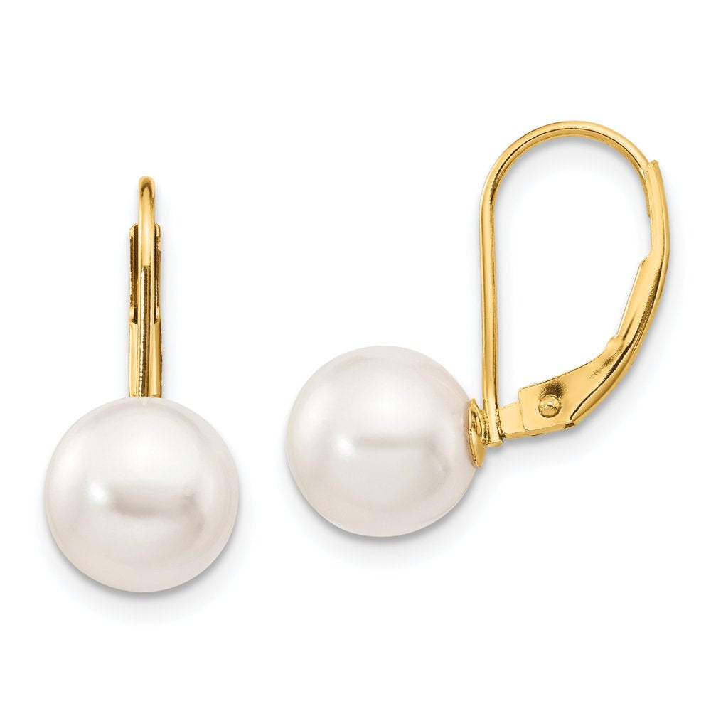 14K 8-9Mm White round Saltwater Akoya Cultured Pearl Leverback Earrings XF482E