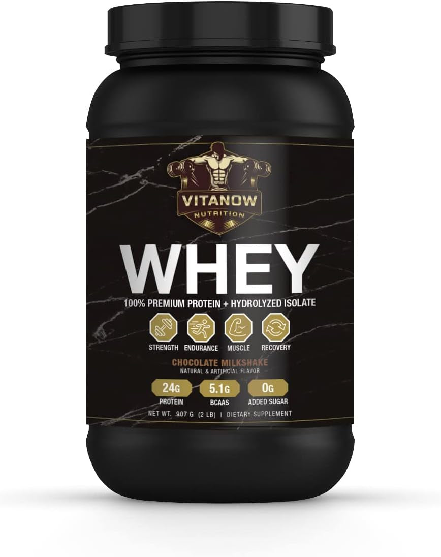 VITANOW NUTRITION Whey Premium Protein + Hydrolyzed Isolate, Sugar-Free, Natural and Artificial Flavor, BCAAS 5.1G, 907G, 28 Servings (Chocolate Milkshake)