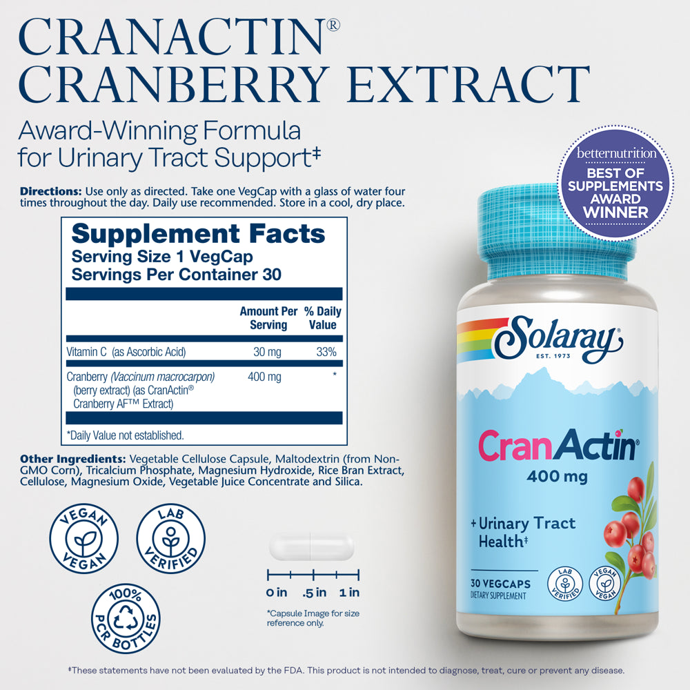 Solaray Cranactin Cranberry AF Extract Vegetarian Capsules, 400 Mg, 30 Count