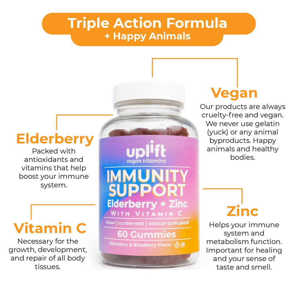 Uplift Immunity Vegan Gummies, Elderberry, Zinc, Vitamin C, 60 Ct Immune Support - Gluten-Free, Non GMO