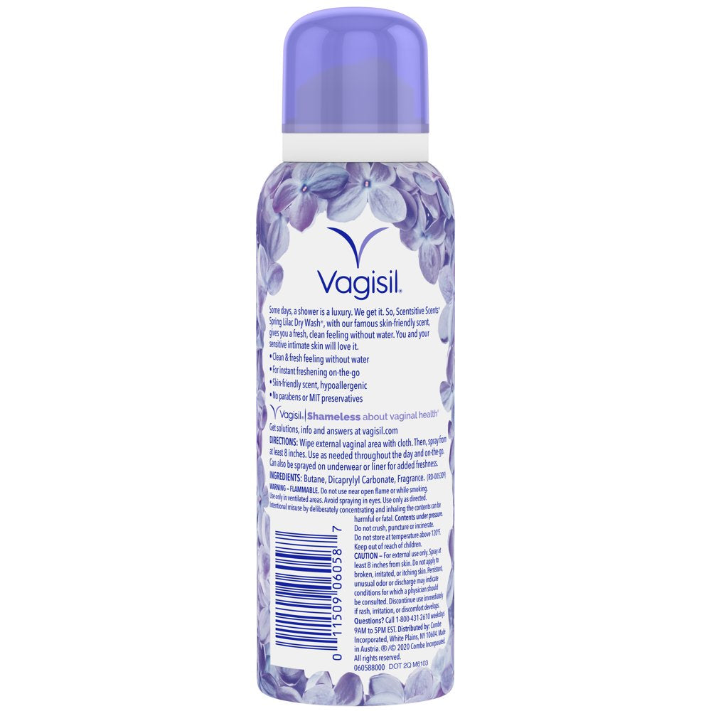 Vagisil Scentsitive Scents Dry Wash Feminine Spray, Spring Lilac, 2.6 Oz, 4 Pack