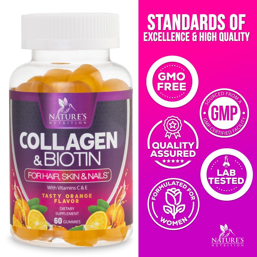 Collagen & Biotin Hair Vitamin Gummies - Extra Strength for Healthy Hair, Skin & Nails Growth Support - Collagen Peptides Gummy Supplement with Vitamins C & E - Orange Flavored, Non-Gmo - 60 Count