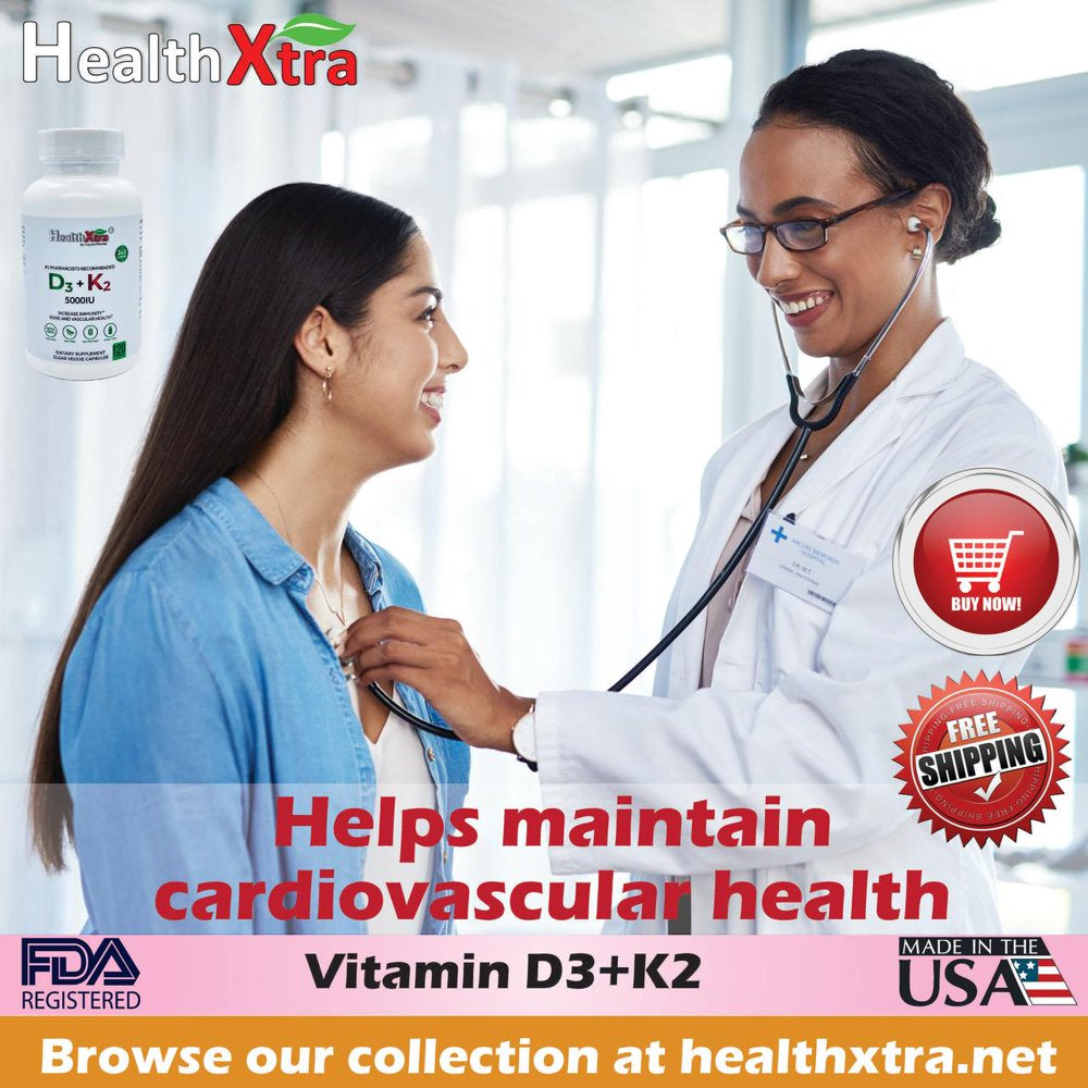 Healthxtra Vitamin D3+K2 Joint & Heart Health Support - 5000IU - 120 Capsules (4 Months Supply)