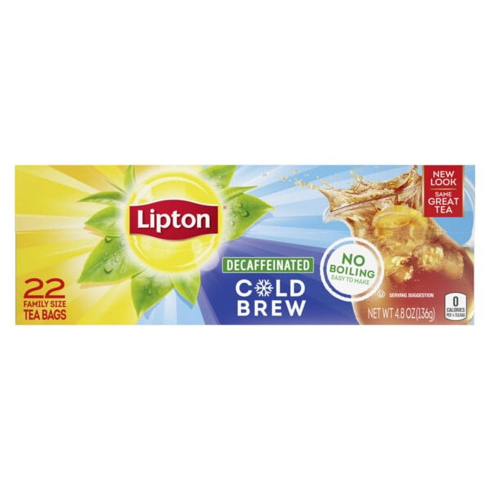 Lipton Family Size Cold Brew Iced Black Tea, Decaffeinated, Tea Bags 22 Count Box