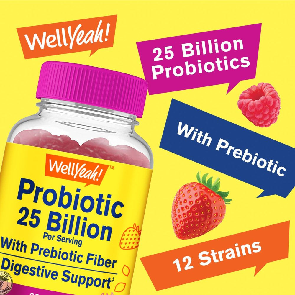 Wellyeah (2 Pack) 25 Billion Probiotics + Prebiotics for Men and Women Gummies - Digestive Support, Gut Health, Immune Support Gummy - Probiotics for Digestive Health with 12 Strains - 60 Gummies