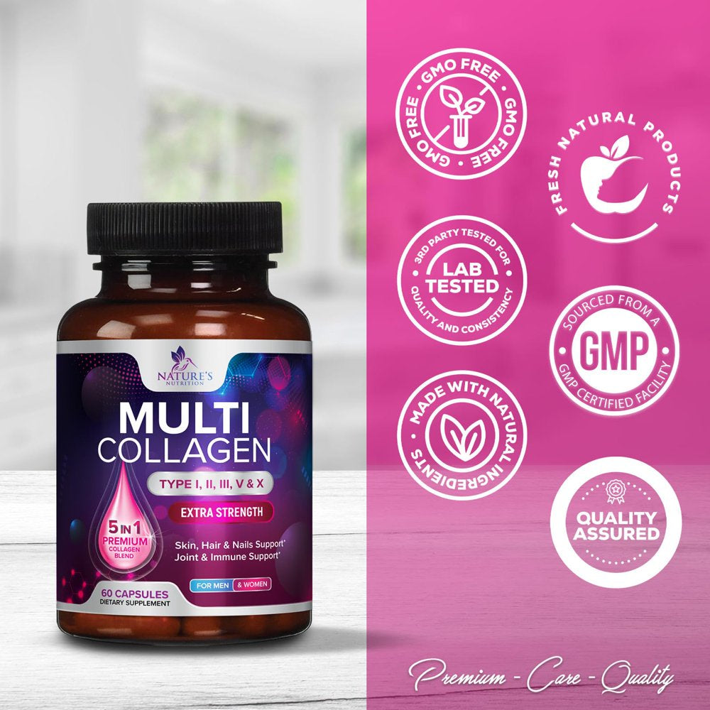 Multi Collagen Complex Pills - Type I, II, III, V, X, Grass Fed & Non-Gmo Hydrolyzed Collagen Peptides Supplement - Supports Hair, Nails, Skin & Joint Health, Gluten-Free, Paleo & Keto - 60 Capsules