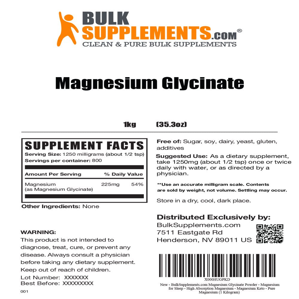 Bulksupplements.Com Magnesium Glycinate Powder, 2200Mg - Magnesium Supplement (1KG - 454 Servings)