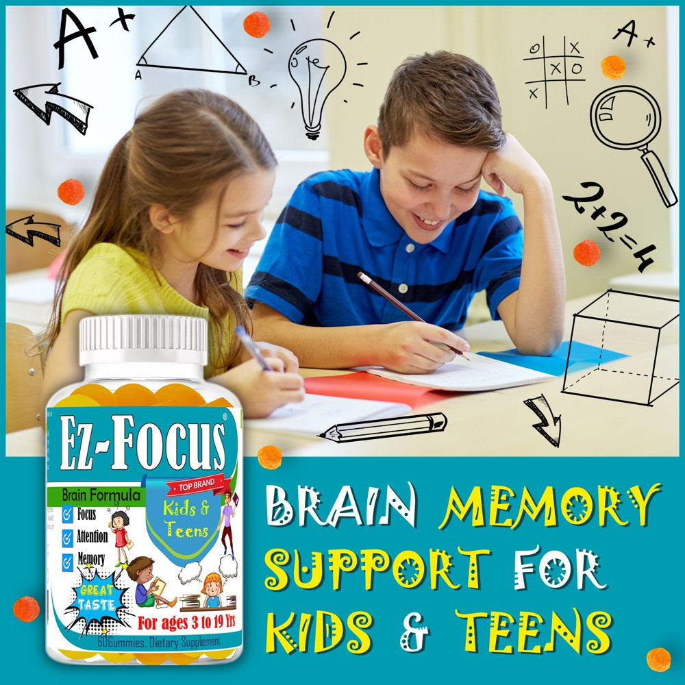 Ez-Focus Kids Brain Focus Chewable Gummies Supplements, Attention & Memory Help Formula for Children and Teens, Natural Omega DHA, Study Task Support