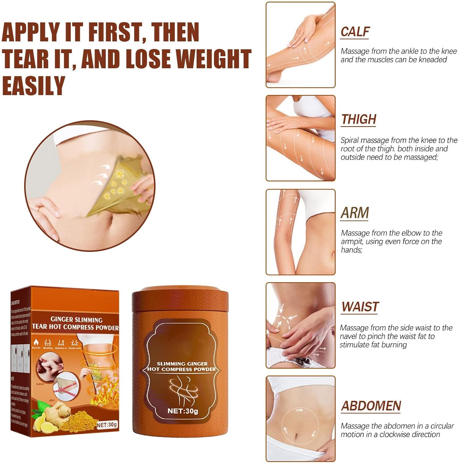 30G Ginger Hot Compress Powder for Slimming Shaping, Ginger Fat Burning Powder for Belly Leg Arms - Inhibit Fat Cell Accumulation