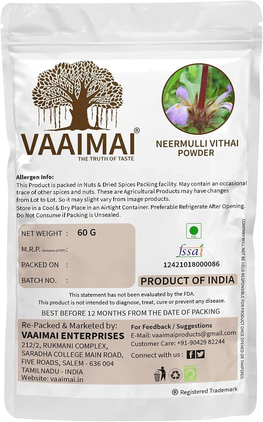 CROW VAAIMAI Neermuli Vithai Powder/Hygrophila Auriculata, 60G