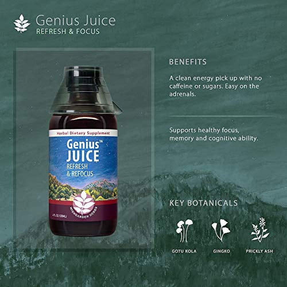 Wishgarden Herbs Genius Juice - Herbal Mental Clarity Tincture and Brain Booster Supplement with Gotu Kola and Gingko Leaf, Promotes Brain Clarity and Focus, 4 Ounce