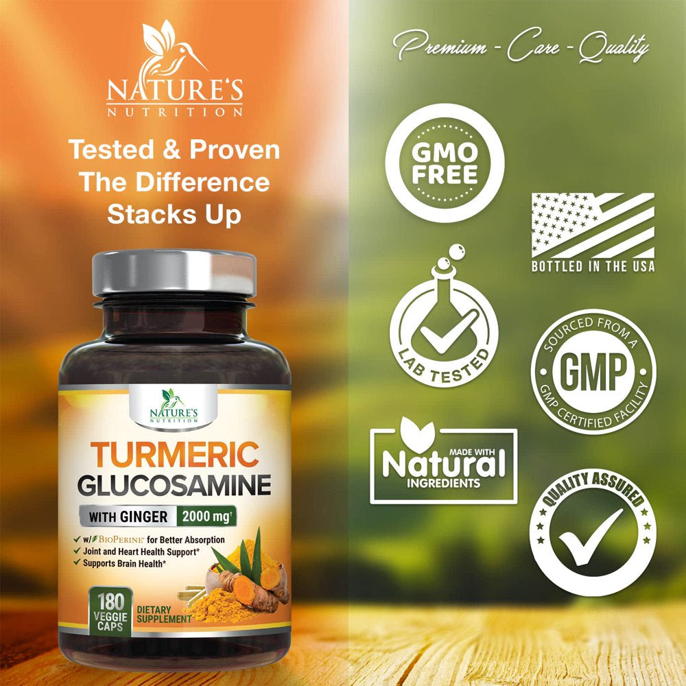 Turmeric Curcumin with Bioperine, Ginger & Glucosamine 95% Curcuminoids 2000Mg - Black Pepper for Max Absorption, Joint Support, Nature'S Tumeric Extract Supplement, Non-Gmo - 180 Capsules