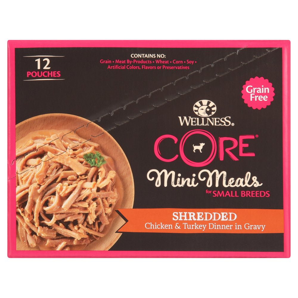 Wellness CORE Natural Grain Free Small Breed Mini Meals Wet Dog Food, Shredded Chicken & Turkey Dinner in Gravy, 3-Ounce Pouch (Pack of 12)