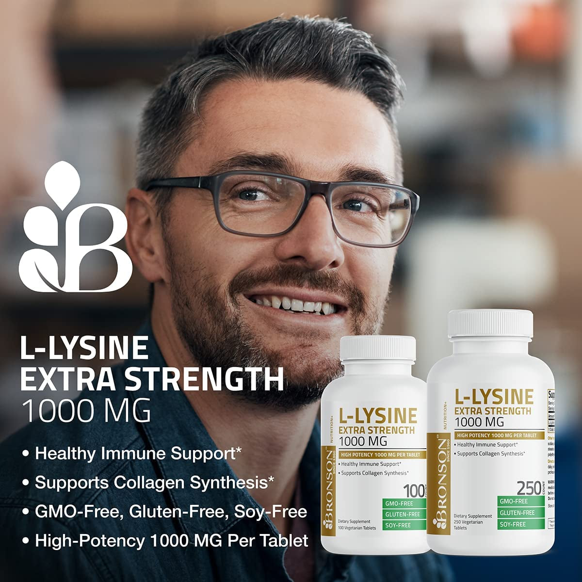 Bronson L-Lysine Extra Strength 1000 MG per Tablet High Potency, Immune Support & Supports Collagen Synthesis, Non-Gmo, 100 Vegetarian Tablets