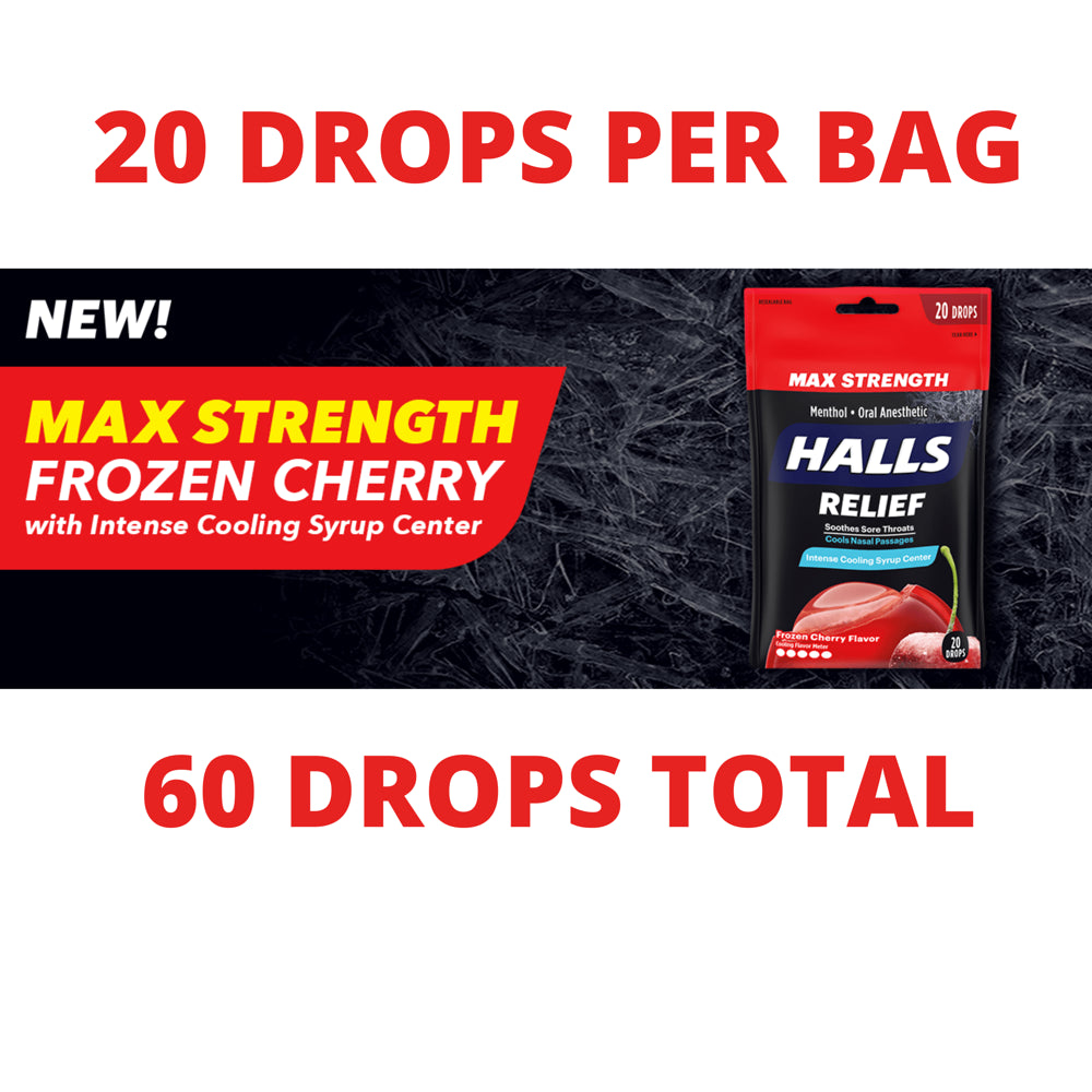 Halls Relief Max Strength Extra Strong Menthol Throat Drops, Frozen Cherry Flavor, 3 Packs of 20 Drops (60 Total Drops)