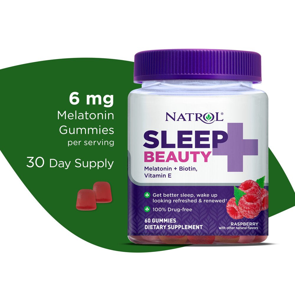 Natrol Sleep+ Beauty Gummies, Skin, Hair, Nails Support, Raspberry, 60 Count