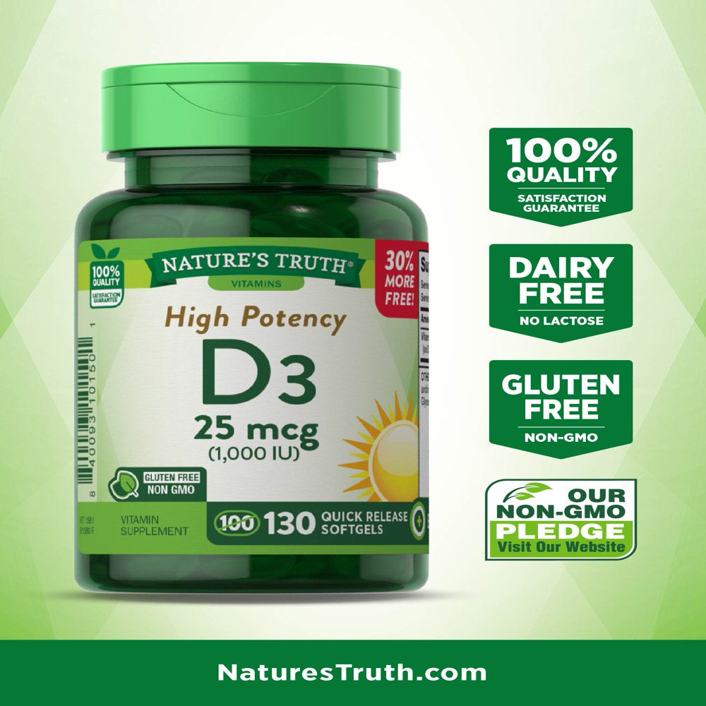 Vitamin D3 1000 IU | 130 Softgels | High Potency D | Non-Gmo, Gluten Free, Soy Free | by Nature'S Truth