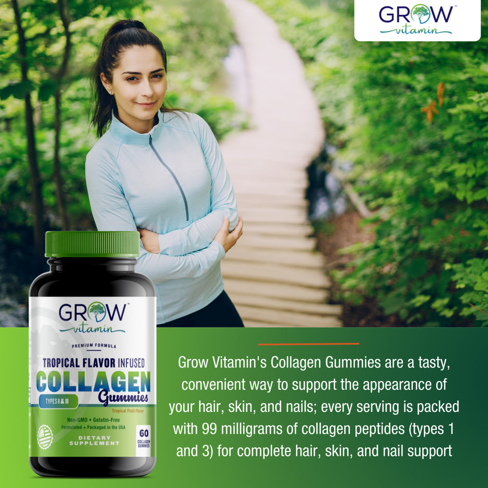 Collagen Gummies for Women, Hair, Skin, Nails, Bone Loss, Anti-Aging Support, Type 1 and 3, 10,000 Mcg (Highest Potency), Gelatin-Free, Non-Gmo, Made in USA by Grow Vitamin , 60 Gummies